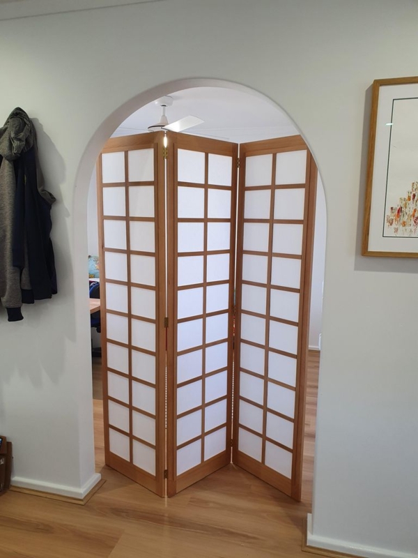 Room Divider: Natural Wood 3-Panel Shoji Screen Kumiko Grid