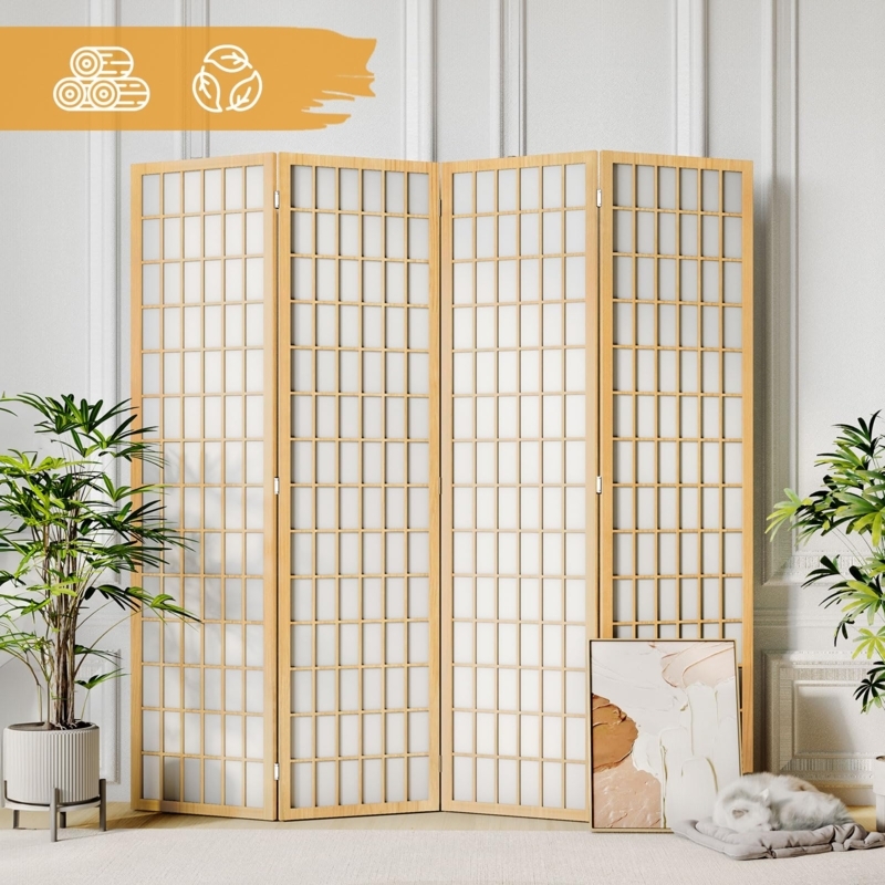 Room Divider: Natural Wood 4-Panel Japanese Style Shoji Screen