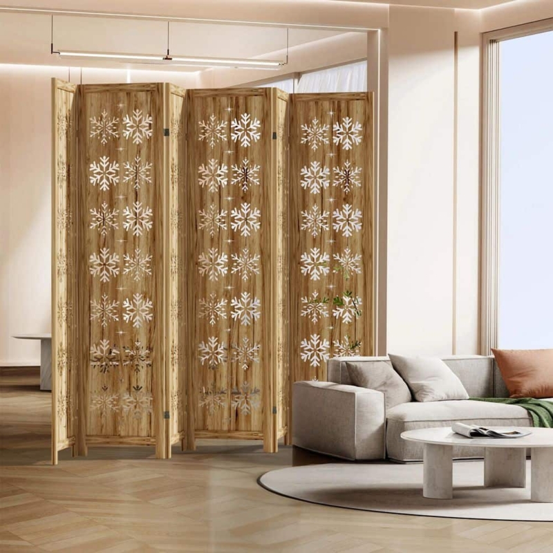 Room Divider Natural Wood 6 Panel Screen with Snowflake Cutouts