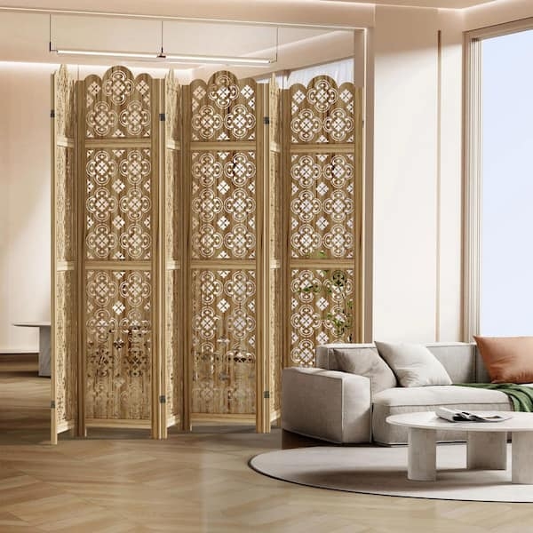 Room Divider Natural Wood Floral Lattice Cutout Folding Screen
