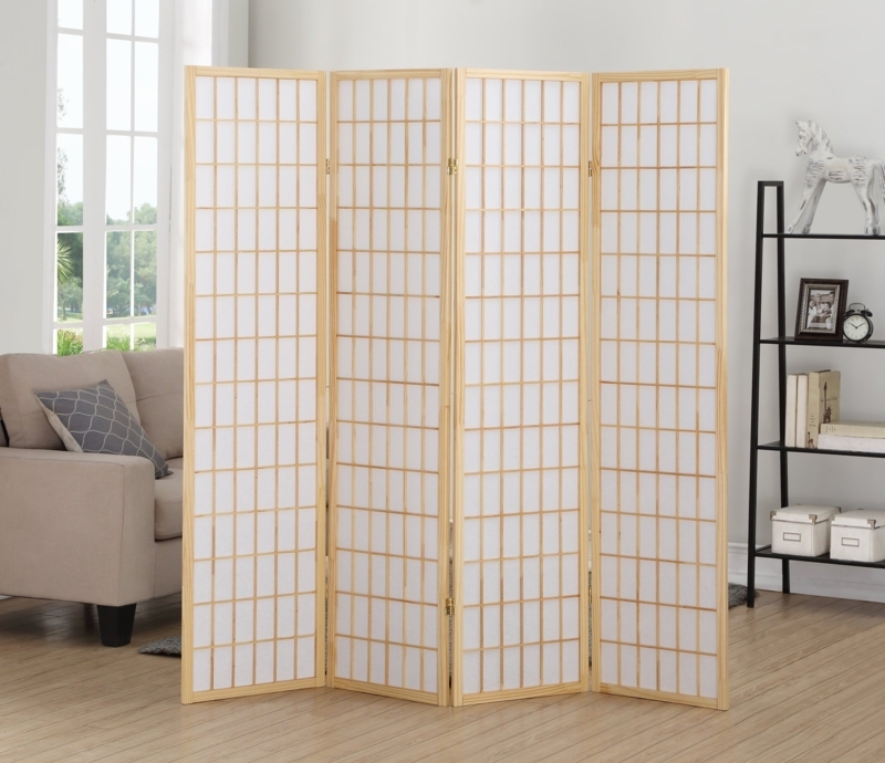 Room Divider: Natural Wood Folding Screen with 4-Panel Kumiko Grid Design