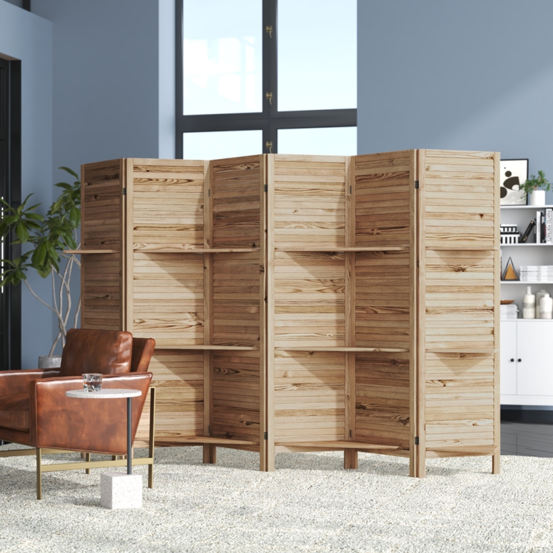 Room Divider Natural Wood Louvered Slats Integrated Shelves Screen