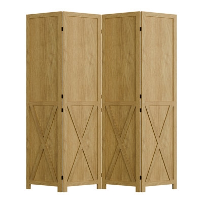 Room Divider, Natural Wood Recessed Panels X-Brace Folding Screen
