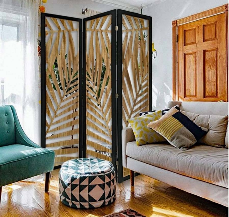 Room Divider Natural Wood Slatted Chevron Pattern Folding Screen