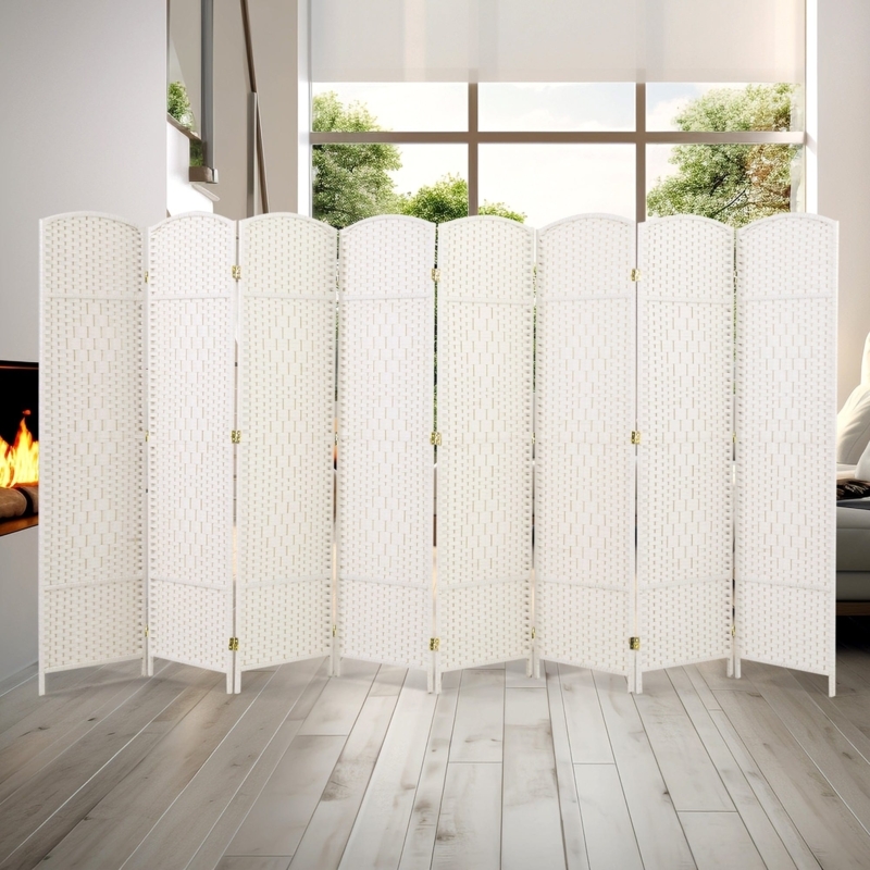 Room Divider Off-White Woven Fiber Arched Top 8 Panel Folding Screen