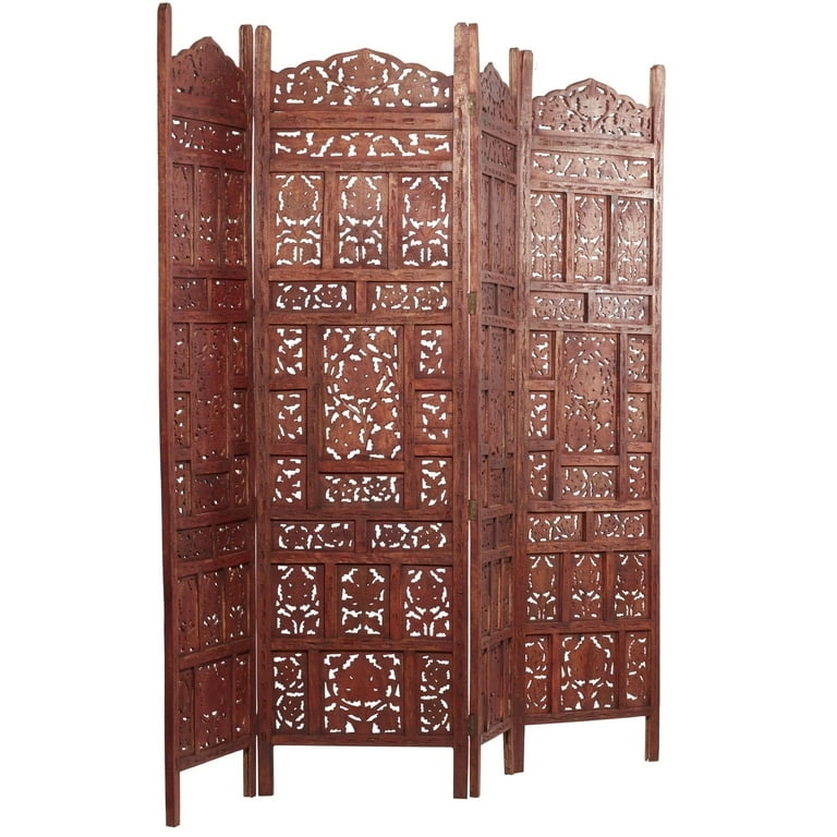 Room Divider, Openwork Floral Carving Four Panel Screen Wood Tone