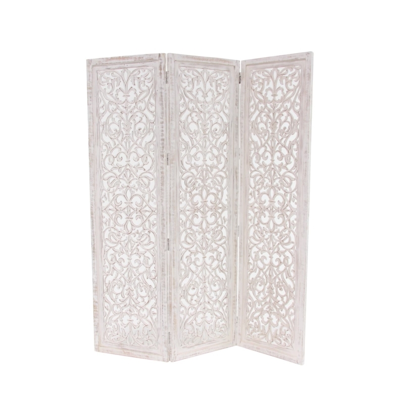 Room Divider Ornate Floral Cutout Whitewashed Folding Screen