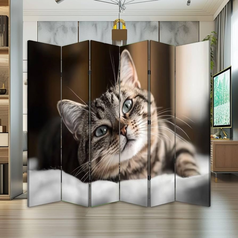 Room Divider Oversized Cat Print Six Panel Folding Screen