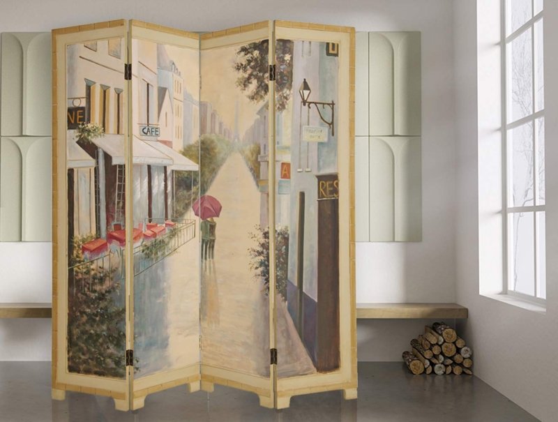 Room Divider Paris Street Scene Folding Screen with Red Accent Folding