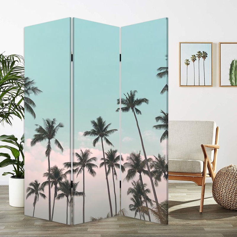Room Divider Pastel Tropical Palm Print Folding Privacy Screen