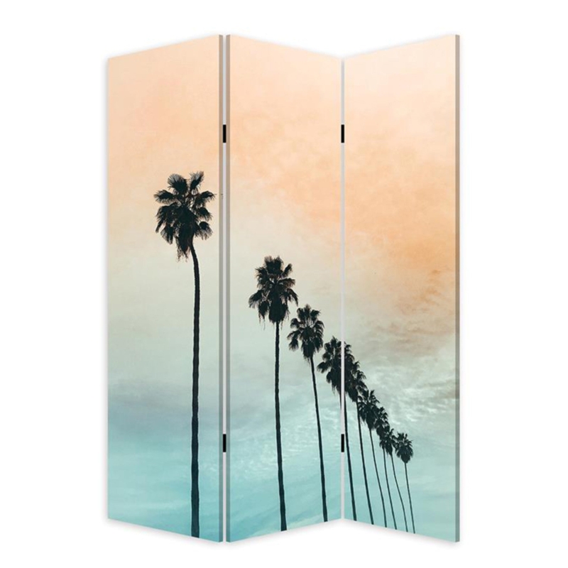 Room Divider Peach Teal Gradient Palm Tree Three Panel Screen
