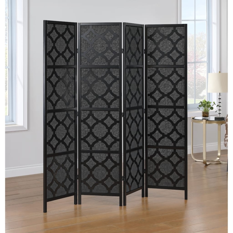 Room Divider Quatrefoil Fretwork Charcoal Fabric Black Screen