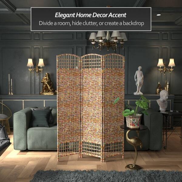 Room Divider Recycled Magazine Material Woven 3-Panel with Lattice Top