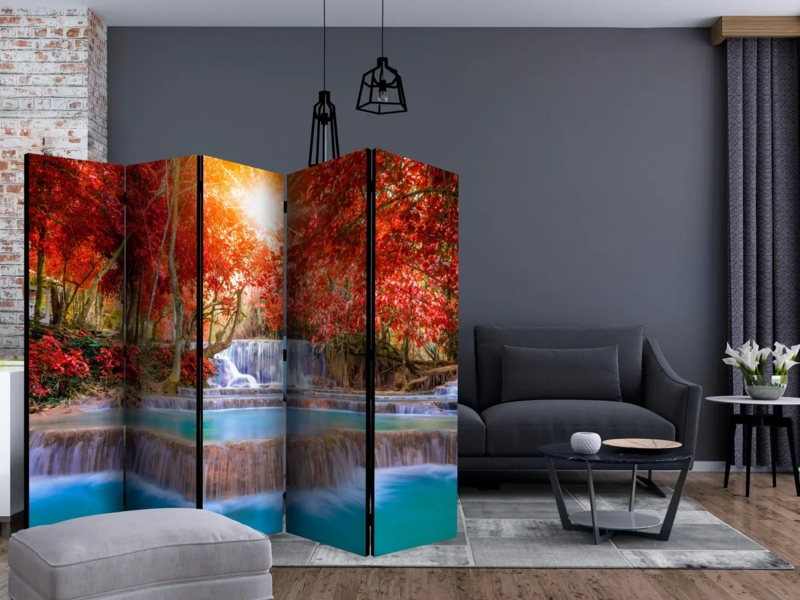 Room Divider Red Forest Waterfall Print Modern Folding Partition