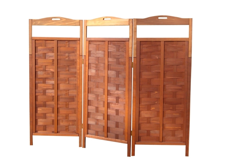 Room Divider, Redwood Tone Basketweave Panels Arched Top Folding Screen