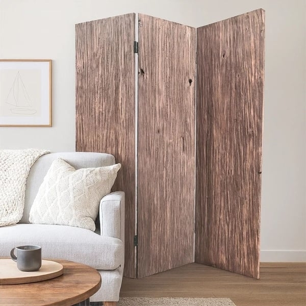 Room Divider Rustic Bark Texture Weathered Finish Three-Panel Screen