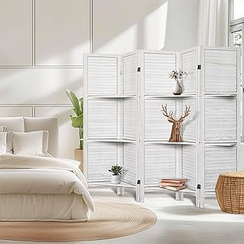 Room Divider Rustic Distressed White Shutter Slats with Shelves