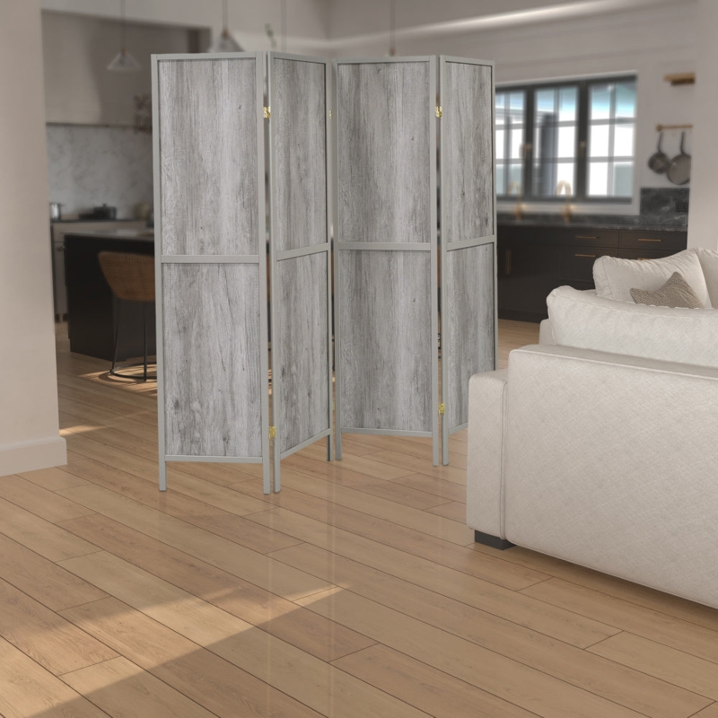 Room Divider Rustic Gray Wood Grain 4-Panel Folding Screen