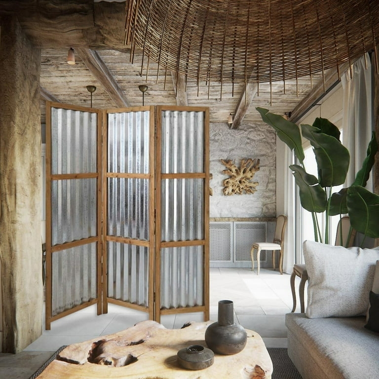 Room Divider Rustic Wood Frame Corrugated Metal Folding Screen