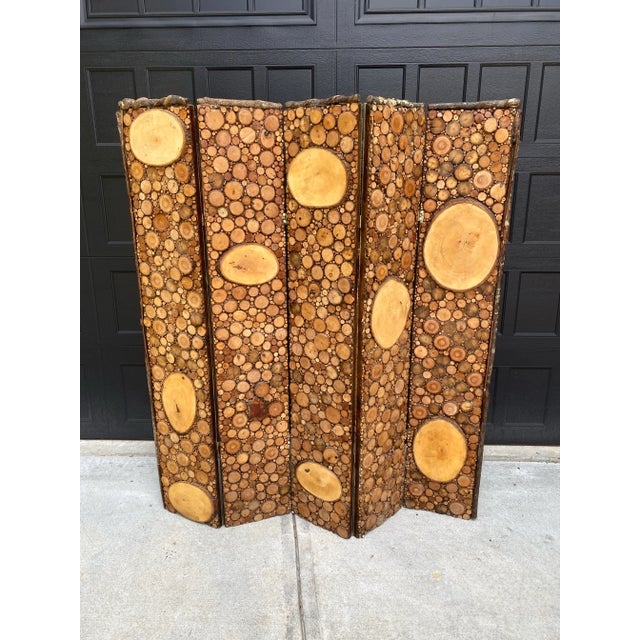 Room Divider, Rustic Wood Slice Log End Mosaic Five-Panel Screen