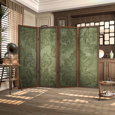 Room Divider Sage Damask Pattern Wood Frame Traditional