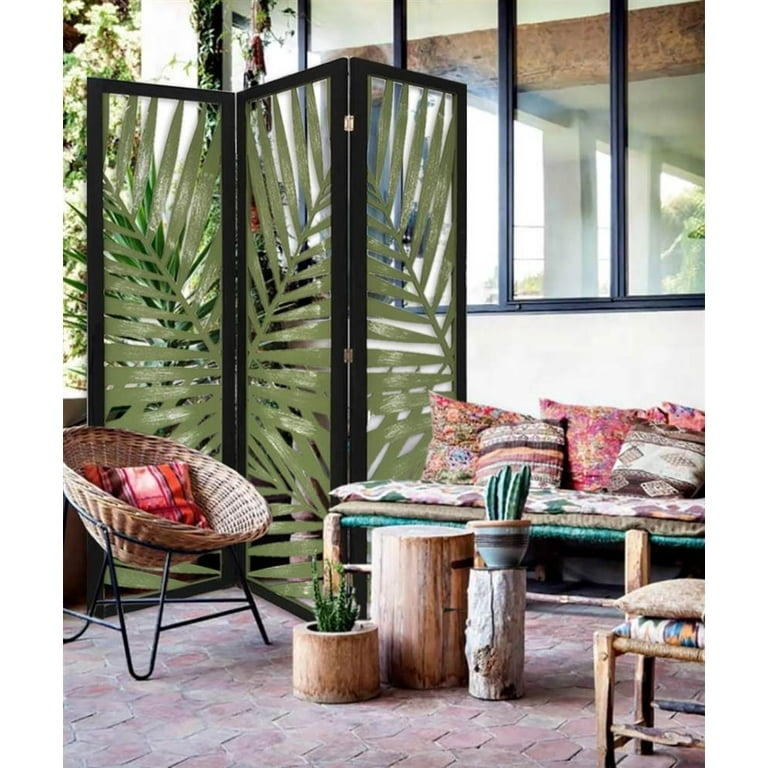 Room Divider Sage Green Tropical Leaf Cutout Folding Screen
