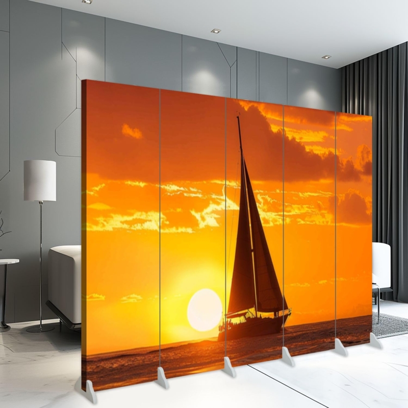 Room Divider Sailboat Silhouette Vivid Sunset Graphic Five Panel Screen