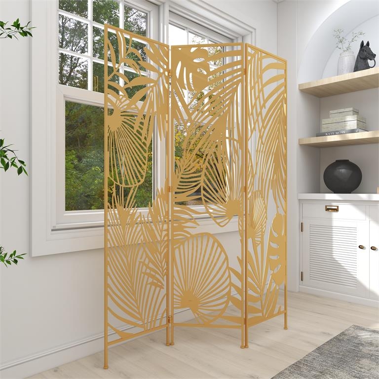 Room Divider Satin Gold Laser Cut Tropical Leaf Folding Screen Glam