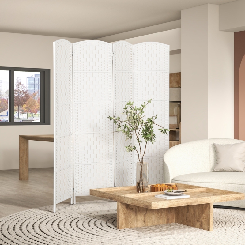 Room Divider Scandinavian White Wicker Texture Arched Folding Screen