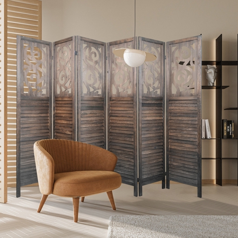 Room Divider: Scroll Motif Wood Partition, 6 Panel Room Divider