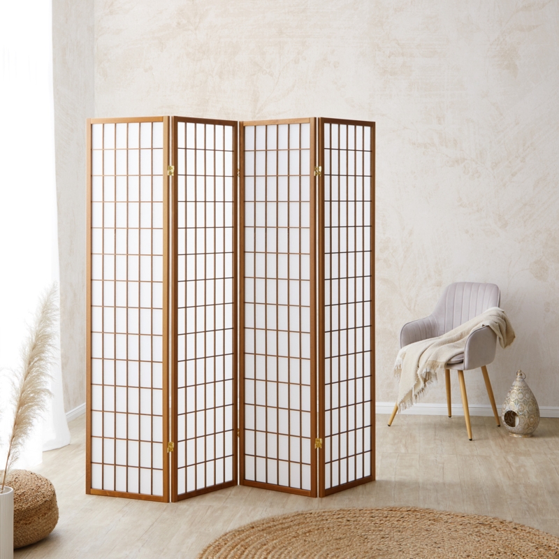 Room Divider Shoji Style Folding Screen Four Panel Light Wood