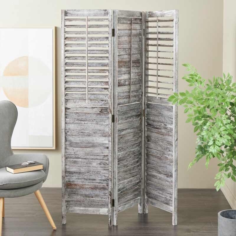 Room Divider Shutter Top Distressed Grey 3-Panel Folding Screen