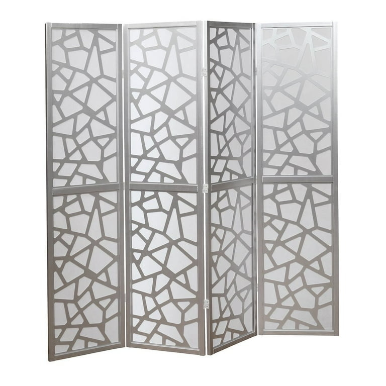 Room Divider: Silver 4-Panel Folding Screen with Geometric Overlay Design