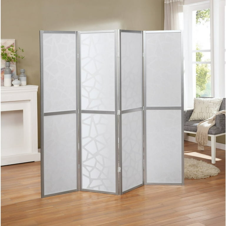 Room Divider: Silver 4-Panel Privacy Screen featuring Geometric Web Pattern