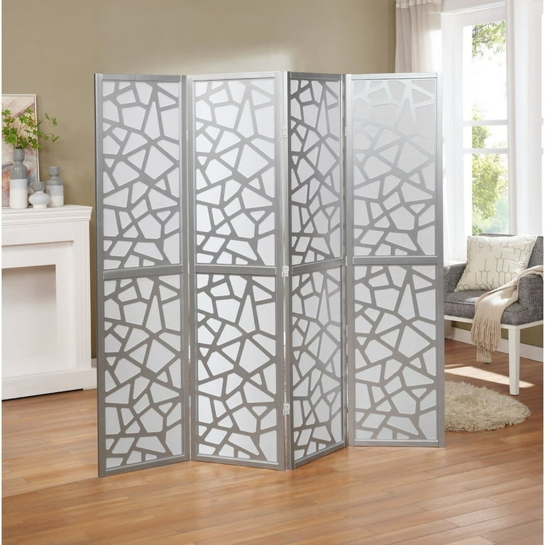Room Divider: Silver 4-Panel Screen with Geometric Mosaic Cutout Design