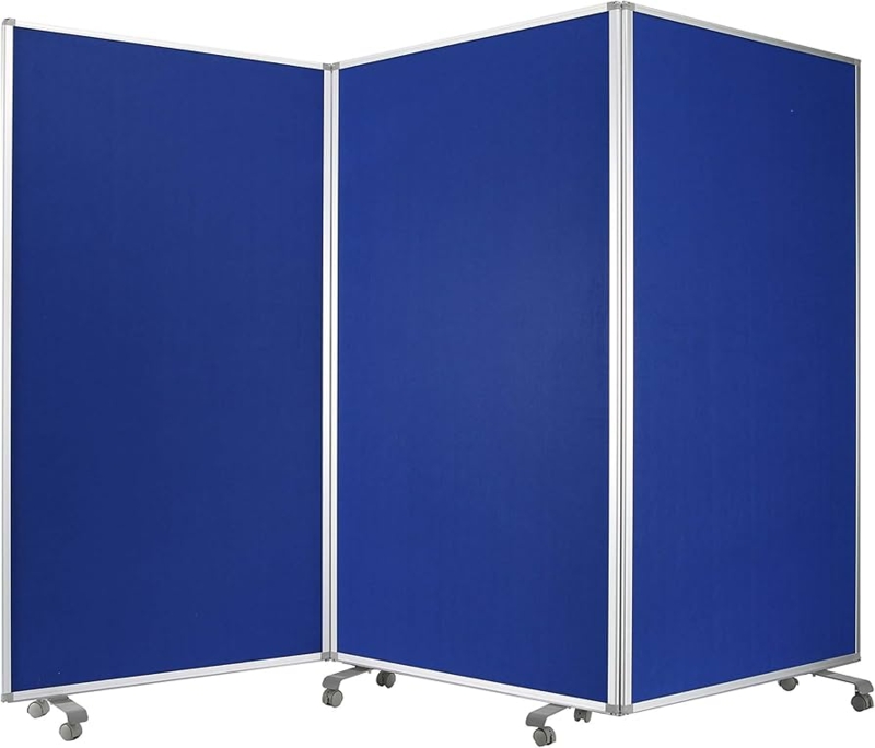 Room Divider Silver Frame Mobile Folding Screen on Wheels