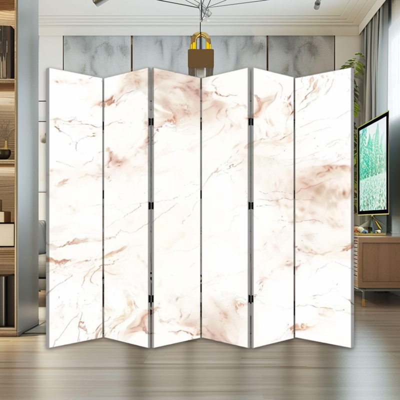 Room Divider Six Panel Folding Screen Beige Marble Pattern Partition
