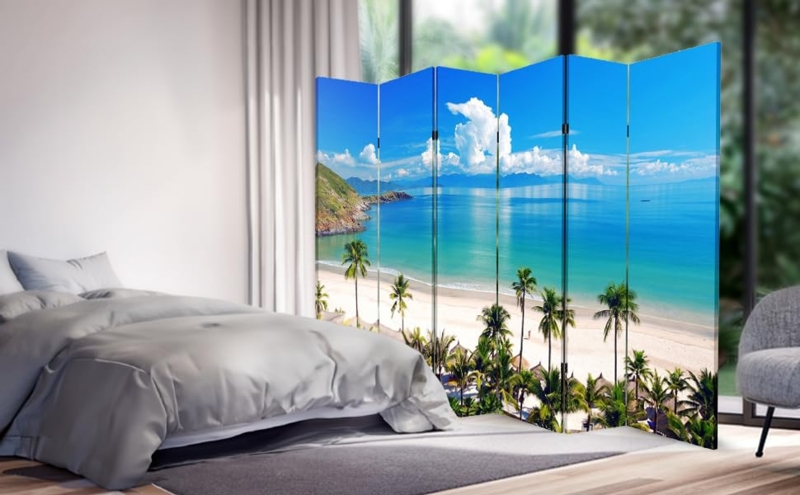 Room Divider Six-Panel Folding Screen Tropical Beach Scene Coastal Art