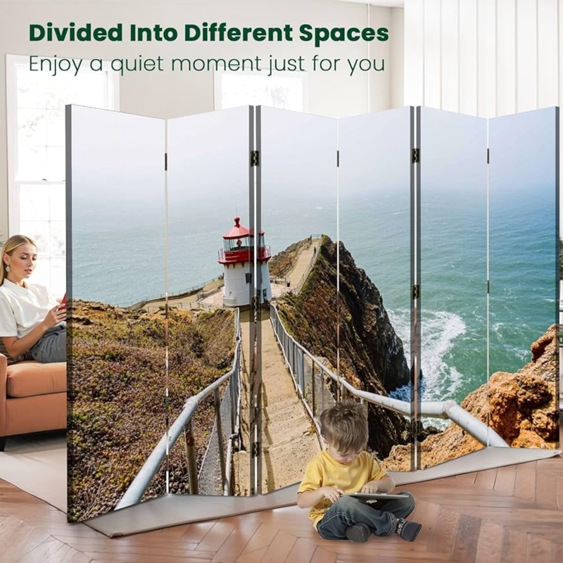 Room Divider Six Panel Panoramic Lighthouse Print Coastal Style