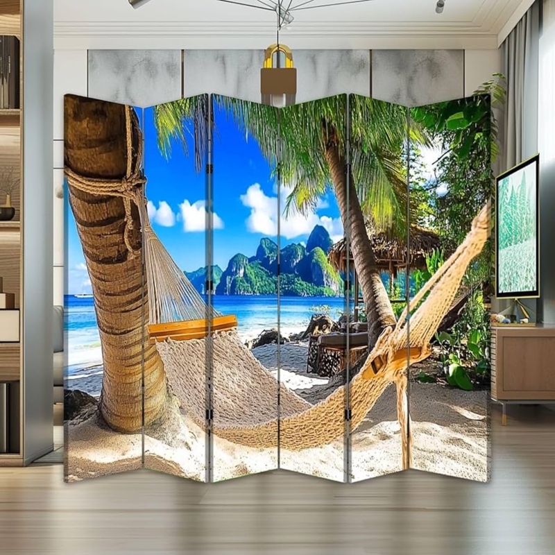 Room Divider Six Panel Tropical Beach Landscape Folding Screen
