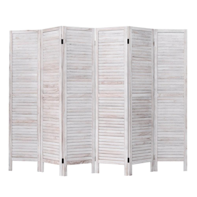 Room Divider Six Panel Venetian Slats Whitewashed Folding Screen