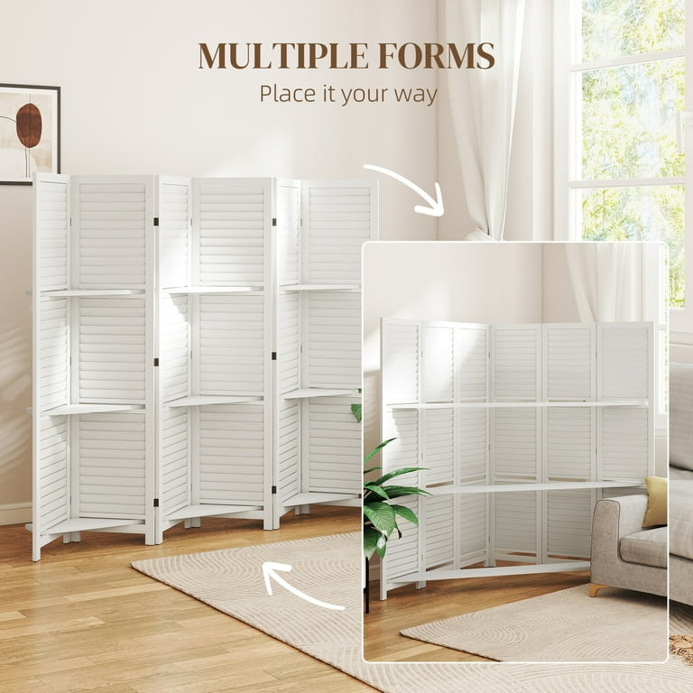 Room Divider Six Panel White Louvered Screen with Integrated Shelves