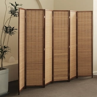 Room Divider Six-Panel Woven Bamboo Dark Frame Organic Modern Separator