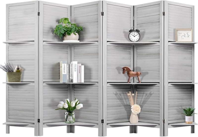Room Divider Six Panels Grey Washed Louvered Screen with Shelves