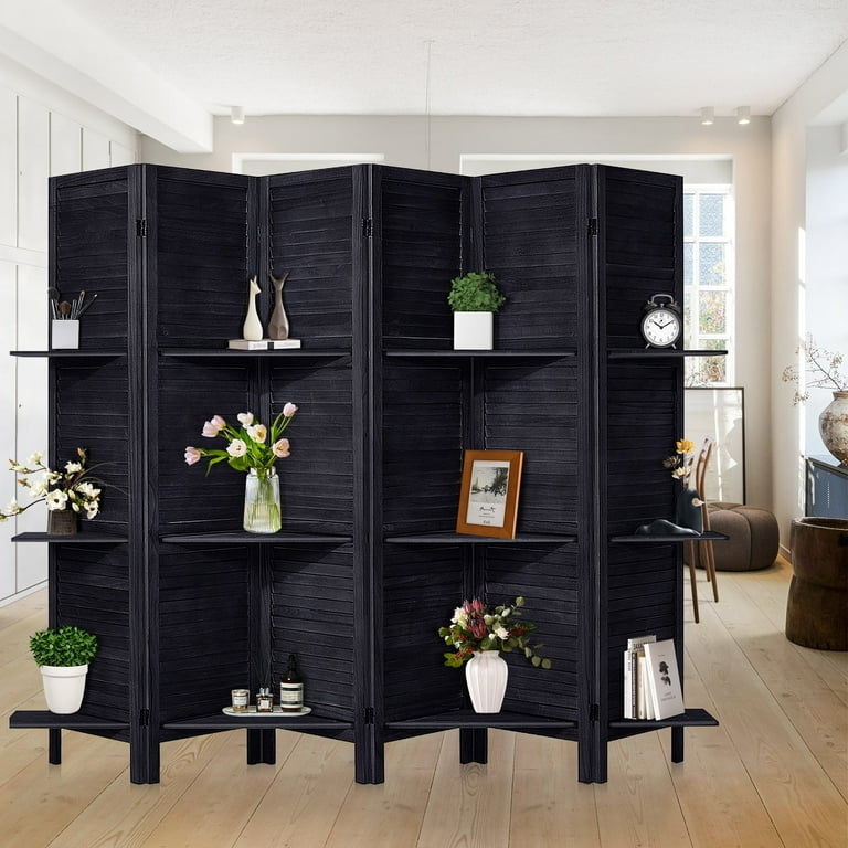 Room Divider Slatted Integrated Corner Shelves Screen Matte Black