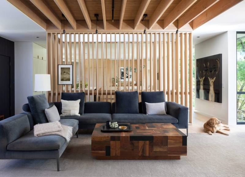 Room Divider Slatted Wood Partition, Rustic Living Room Design