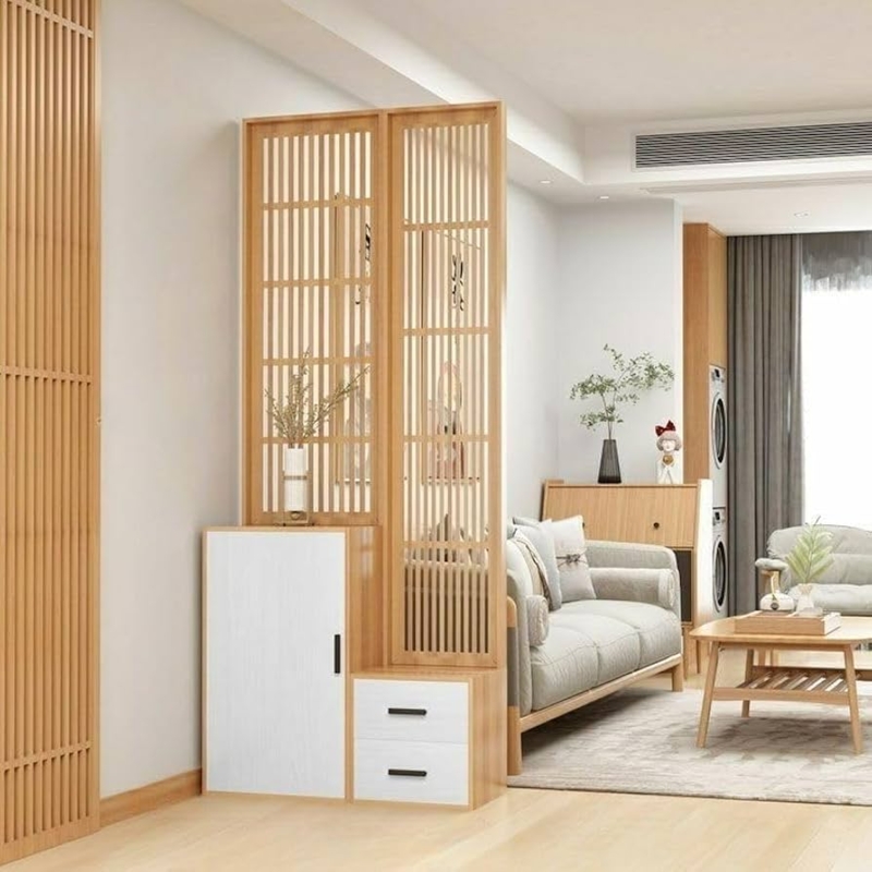 Room Divider Slatted Wood Screen With Integrated Storage Base Cabinet