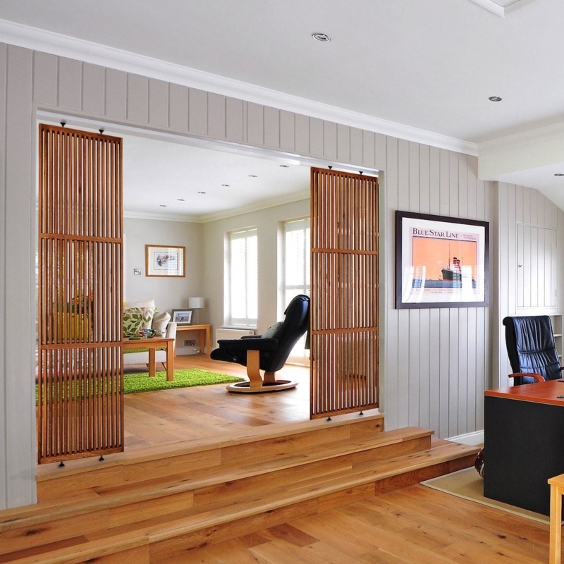 Room Divider Split Level Wood Slat Screens Open Plan Layout