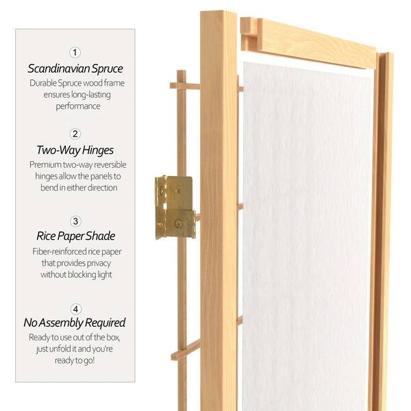 Room Divider: Spruce Wood Folding Rice Paper Screen with Two-Way Hinges