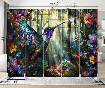 Room Divider Stained Glass Hummingbird Five Panel Folding Screen